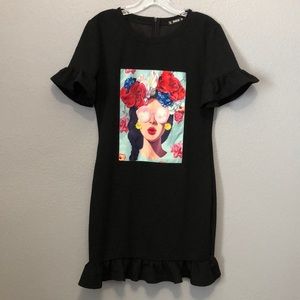 Shein dress Women's Large L black short sleeve ruffle edge unique abstract EUC